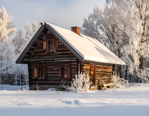 Rustic wooden cabin, snow-covered roof, surrounded by frosted trees in a wintry landscape