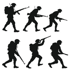 Six black silhouettes of soldiers marching with rifles
