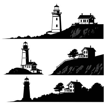 Six black silhouettes of lighthouses and houses on cliffs