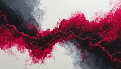 Painting of a red and black line with a white background. The red line is very thick and the black line is thin