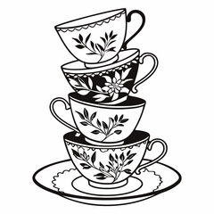 Stack of four black and white teacups with floral designs