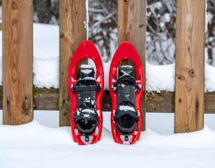 Bright red snowshoes lean against a weathered wooden fence amidst fresh, white snow
