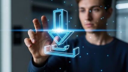 Illuminated futuristic glowing white wireframe download icon with sharp edges and a three-dimensional appearance is being virtually interacted with by a young man’s outstretched hand, set against a