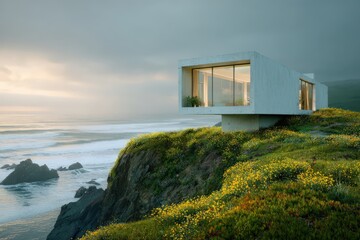 A modern coastal house with floor-to-ceiling windows stands on a cliff