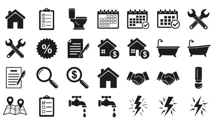 Sleek Solid Vector Icon Set. Comprehensive graphic symbols for home, business, and professional services, covering property, finance, maintenance, and utility solutions