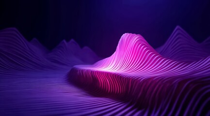 Purple mountain range with a purple bench in the middle. The bench is lit up with a purple light