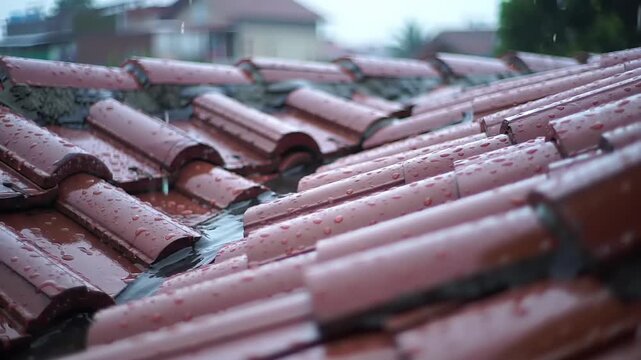 Close up of red clay roof tiles during a rain shower.