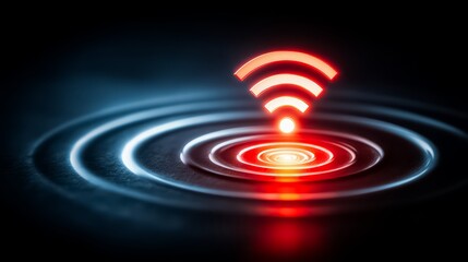 Obraz premium Red and white Wi-Fi symbol on top of a blue wave. The Wi-Fi symbol represents the idea of connectivity