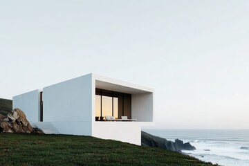 A modern coastal house with floor-to-ceiling windows stands on a cliff