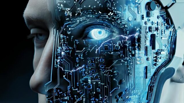 A striking depiction of a half-human, half-cyborg face, symbolizing the convergence of human identity and advanced technology. the image highlights themes of artificial intelligence, digital transform