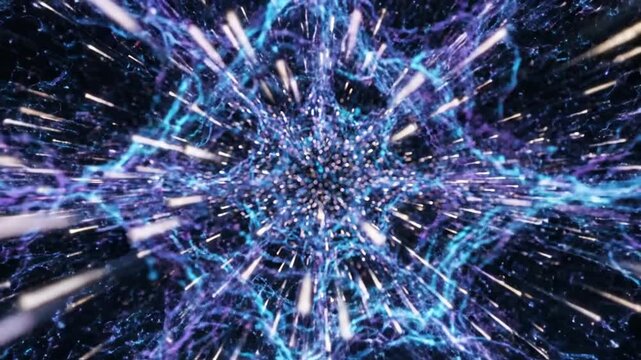 Abstract digital space tunnel with bright light effects and particles.
