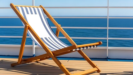 Fototapeta premium Empty Deck Chair on a Sunny Cruise Ship Deck Overlooking the Ocean.