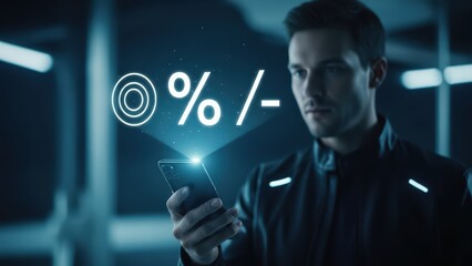 A focused young man with short dark hair, wearing a sleek black futuristic jacket, intently gazes at a modern smartphone emitting a bright, glowing holographic projection of financial
