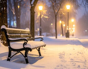A snow-covered park bench and path illuminated by streetlights during a snowfall at night