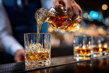 Bartender pours whiskey over ice in a glass during a lively evening at a bar