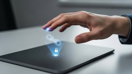 A professionally lit, close-up photograph depicts a human hand gently interacting with a sleek, dark gray tablet device, as a vibrant, glowing blue holographic projection of interconnected chain links