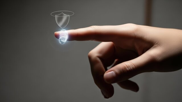 A delicately toned human hand with a neatly manicured fingernail is gently extending its index finger towards a glowing, circular digital interface displaying a fingerprint scan overlaid with a - Powered by Adobe