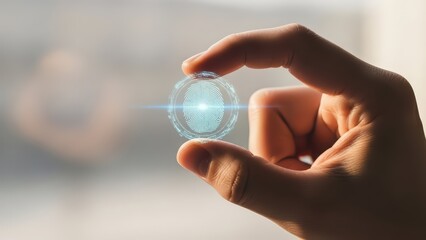A luminous, digitally-rendered circular fingerprint scan with glowing blue concentric rings and detailed ridge patterns is delicately held between the thumb and forefinger of a human hand, illuminated