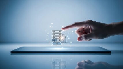 Illuminated digital server rack with a prominent padlock icon, rendered in a glowing blue wireframe style, is being virtually touched by a human finger extending from a blurred hand above a sleek
