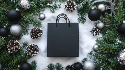 A black shopping bag lies on the snow around Christmas tree balls, pine cones and fir branches