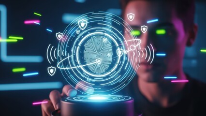 Futuristic glowing circular digital interface displaying a fingerprint scan surrounded by radiating waves and protective shield icons, levitates above a dark metallic base with a vibrant neon-lit