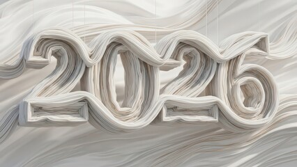 Intricately layered and sculpted cream-colored numbers representing the year 2026, constructed from numerous thin, wavy paper strips with a subtle woodgrain texture, dynamically flowing and swirling