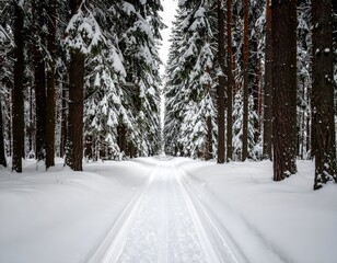 Winter forest scene with a snow-covered path leading into the distance