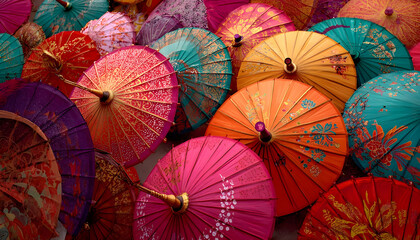 Chinese lunar new year Chunjie celebration concept. A closeup view of a vibrant array of colorful umbrellas, each with unique patterns and designs