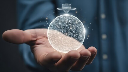 Illuminated futuristic digital globe composed of intricate white circuit board patterns and glowing lines, held gently in a human hand against a blurred navy blue suit background, with a hovering