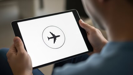 A modern, sleek black tablet device is being held by a person wearing a blue shirt, displaying a minimalist graphic of a dark gray airplane silhouette centered within a thin circular border on a