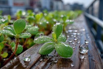 Fototapeta premium Closeup of Water Droplets on Green Leaves and Wood
