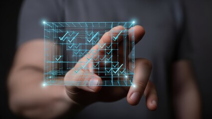 Illuminated cyan wireframe cube displaying a grid of checkmark icons within its structure is being held in the palm of a person’s hand, suggesting data analysis and technological advancement, with a