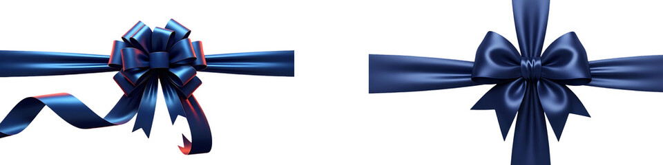 A pair of elegant navy blue satin ribbon bows for gift wrapping and celebrations