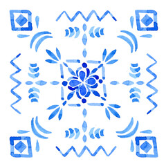 A hand-drawn watercolor blue square with a Mediterranean-style ornament. Blue and white title design in azulejo style use as print, decoration, postcard, element design, textile, package, fabric.