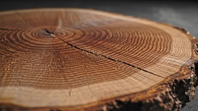 Close-up of a rustic wooden slice with visible annual rings and a crack on a dark surface