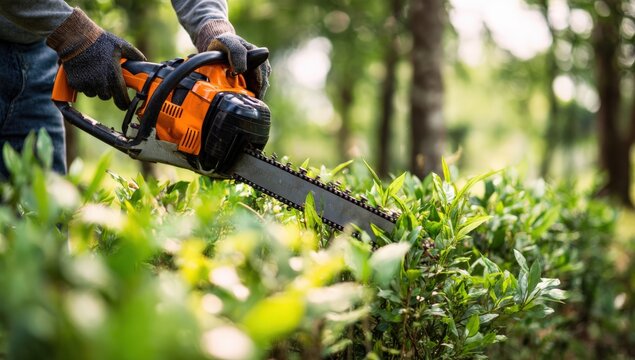 Close-up of gardener's hands in green gloves using electric hedge trimmer on evergreen shrubs.