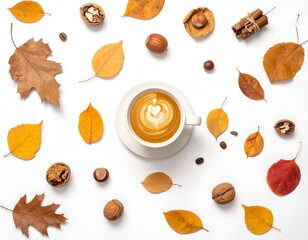 Latte art in a white cup with autumn leaves, nuts, & cinnamon sticks on white