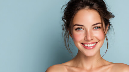 Young Woman Smiling Face Portrait Against Blue Background