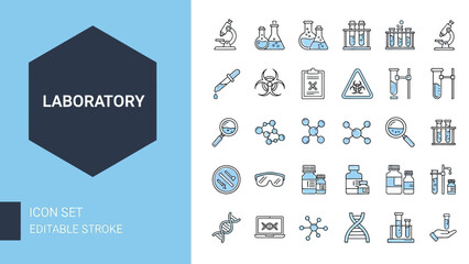 Sleek and modern vector icon collection showcasing essential laboratory equipment, scientific research tools, and chemistry symbols for advanced experiments and technological discoveries