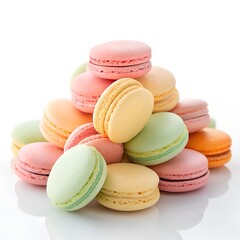 Obraz premium Delicious assortment of colorful French macarons piled high on a reflective white surface for dessert