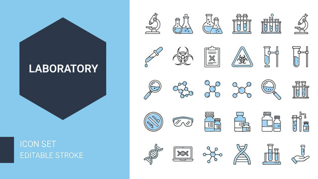 Sleek and modern vector icon collection showcasing essential laboratory equipment, scientific research tools, and chemistry symbols for advanced experiments and technological discoveries