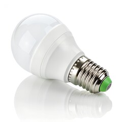 Modern white led light bulb with a screw base rests on a reflective surface showcasing energy efficiency and bright illumination technology in isolation