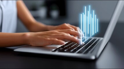 Hands typing on a laptop keyboard while digital sound waves appear above the device