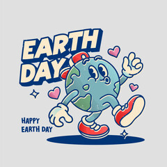 Retro Earth Day Mascot Character Walking  Vintage Cartoon Vector