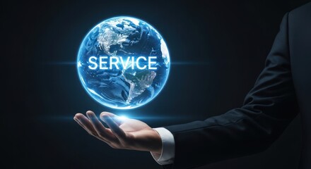 Businessman holding glowing digital earth globe with word service illuminated, for global customer support, worldwide quality assurance, international business solutions