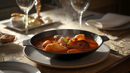 Elegant presentation of steaming seafood stew in dark bowl on ornate dining