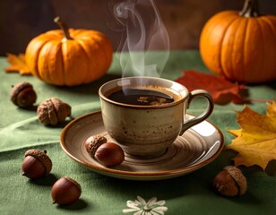 Steaming coffee in a mug on a saucer, pumpkins, leaves, and acorns on a green cloth