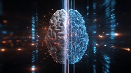 AI brain merging with digital data streams