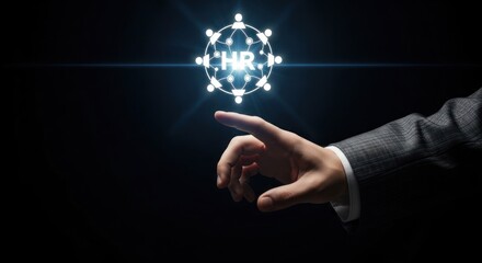 Businessman pointing glowing digital human resources icon with connected network symbols, for modern hr management, talent acquisition, employee relations, corporate staffing solutions