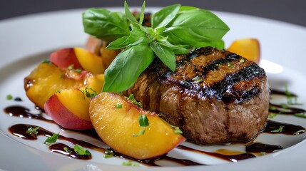 Steak with grilled peaches and balsamic glaze plated with fresh basil leaves gourmet presentation
